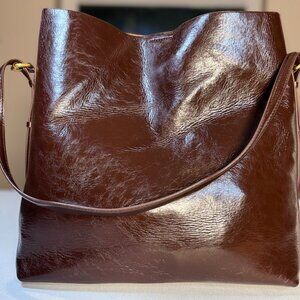 Zara Structured Brown Faux Leather Tote Bag Large Cognac Glossy Finish